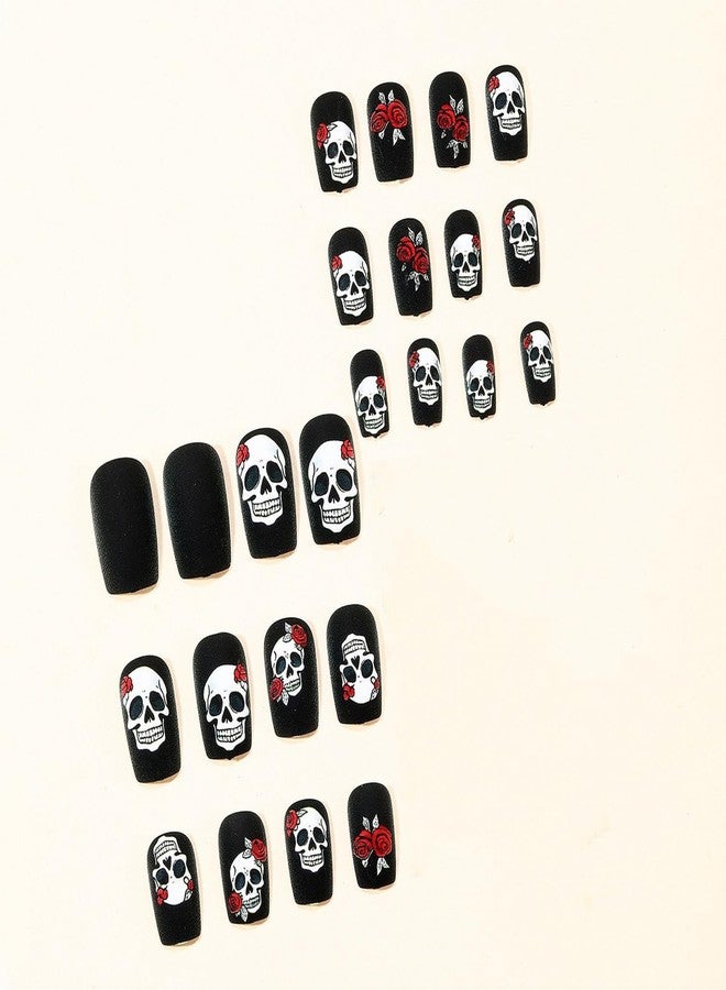 OCOUYVD Halloween Press on Nails Skull & Rose False Nails Designs Short Square Fake Nail Black Matte Full Cover Acrylic Nails Halloween Artificial Stick on Nail for Women Art Manicure 24 Pcs - Image 3